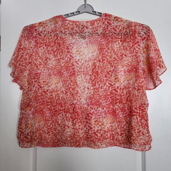 Maggie Barnes Flutter Sleeve Top Woman 30W Peach Orange Open Front Semi Shear - Picture 2 of 10